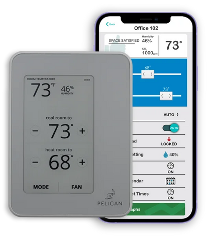A Pelican - Touch Thermostat - TC Series by Pelican and a smartphone showing a 73°F temperature and humidity control app, seamlessly gathering HVAC operational data.