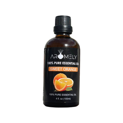 A 4 fl. oz. (100 ml) bottle of AROMELY Sweet Orange Essential Oil, with a fruity aroma and orange slices on the label—ideal for use in your diffuser.