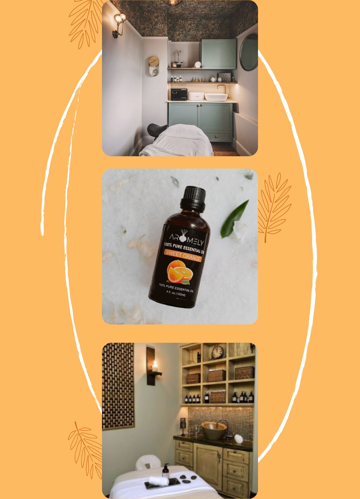 Three images: a modern spa room, a bottle of AROMELY Sweet Orange Essential Oil on white, and another spa setting. The orange background suggests the fruity aroma ideal for your diffuser.