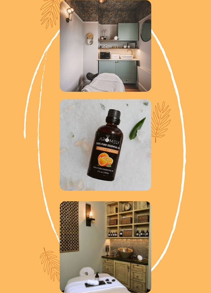 Three images: a modern spa room, a bottle of AROMELY Sweet Orange Essential Oil on white, and another spa setting. The orange background suggests the fruity aroma ideal for your diffuser.
