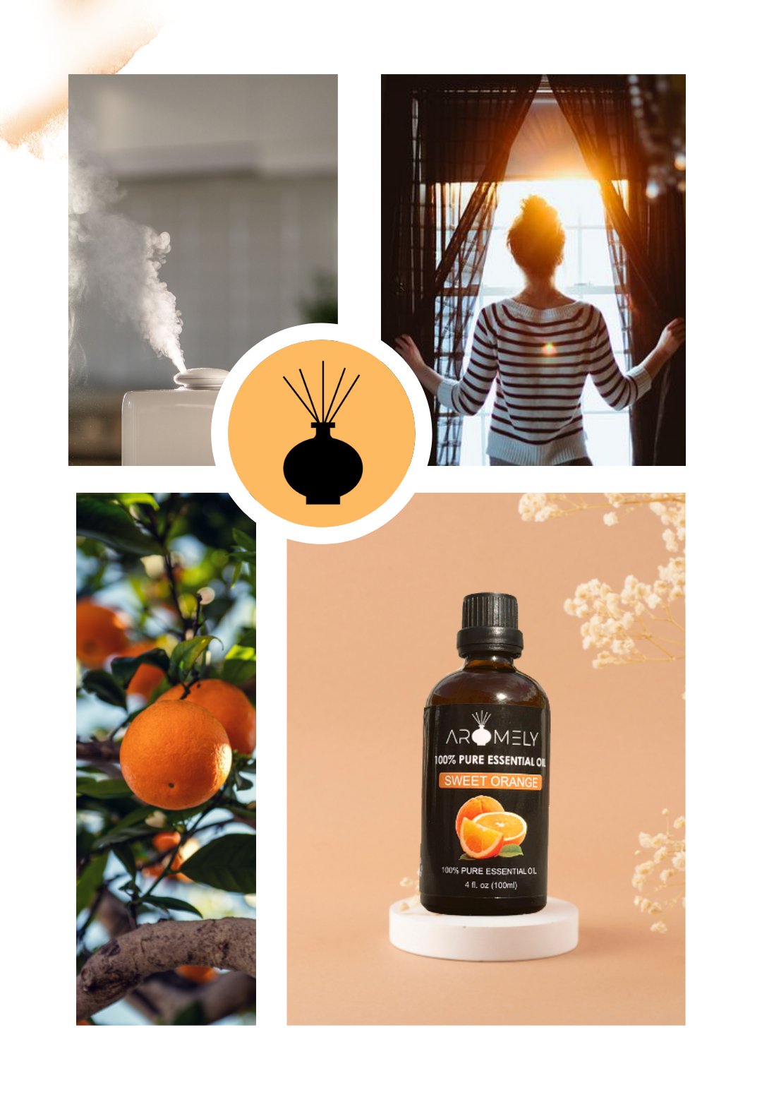 Collage features a diffuser mist, a woman stretching by the window, oranges on a tree, and AROMELY Sweet Orange Essential Oil for a refreshing fruity aroma.