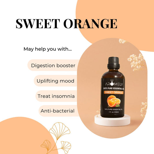 AROMELY Sweet Orange Essential Oil is shown, featuring a fruity aroma that uplifts mood, aids digestion, helps with insomnia, and offers antibacterial benefits—an ideal choice for your diffuser.