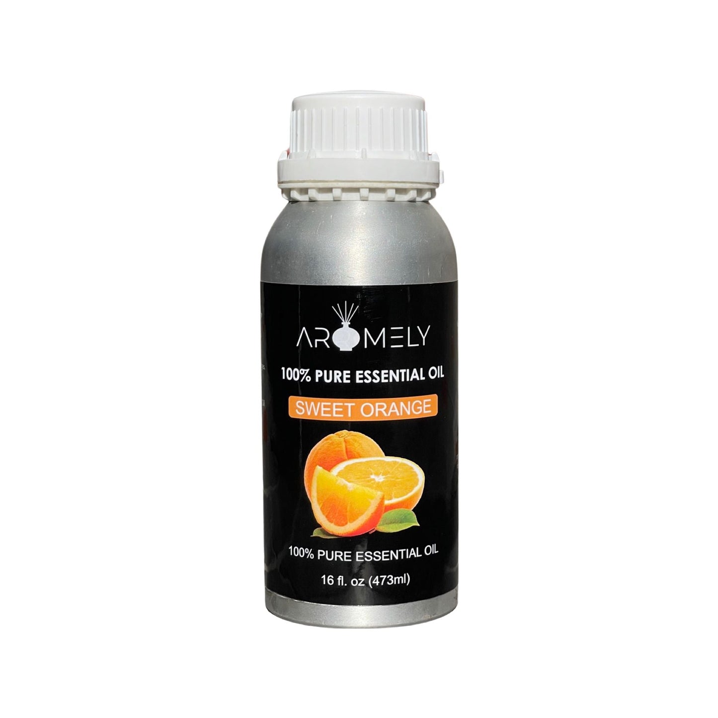 A silver bottle of AROMELY Sweet Orange Essential Oil (16 fl. oz./473 ml) with images of orange slices and a white cap features a fruity scent, perfect for diffusers to create a refreshing atmosphere.