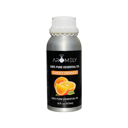 A silver bottle of AROMELY Sweet Orange Essential Oil (16 fl. oz./473 ml) with images of orange slices and a white cap features a fruity scent, perfect for diffusers to create a refreshing atmosphere.