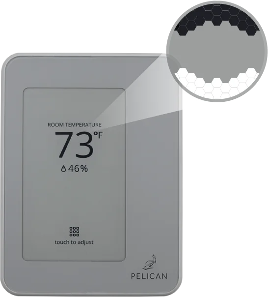 The Pelican - Touch Thermostat - TC Series by Pelican shows a room temperature of 73°F and 46% humidity, featuring a close-up of its hexagonal sensor pattern and real-time HVAC data access.