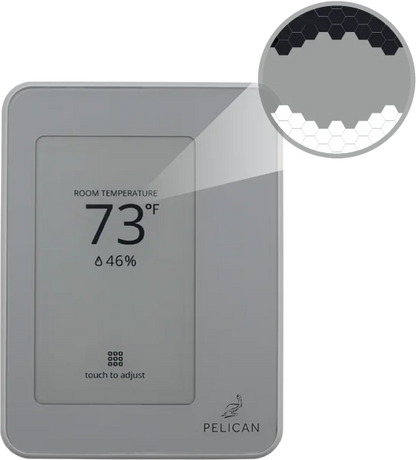 The Pelican - Touch Thermostat - TC Series by Pelican shows a room temperature of 73°F and 46% humidity, featuring a close-up of its hexagonal sensor pattern and real-time HVAC data access.