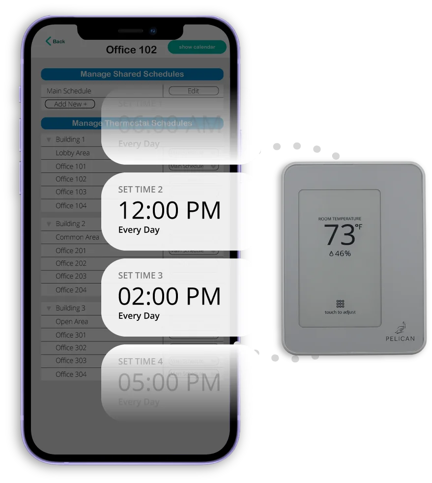 A smartphone displays the Pelican TC Series Touch Thermostat scheduling app with set times for 12:00 PM and 2:00 PM, next to a Pelican digital wall thermostat showing 73°F and 64% humidity for valuable HVAC insights.