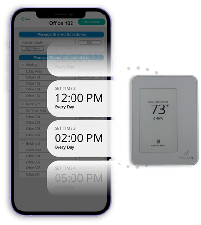 A smartphone displays the Pelican TC Series Touch Thermostat scheduling app with set times for 12:00 PM and 2:00 PM, next to a Pelican digital wall thermostat showing 73°F and 64% humidity for valuable HVAC insights.