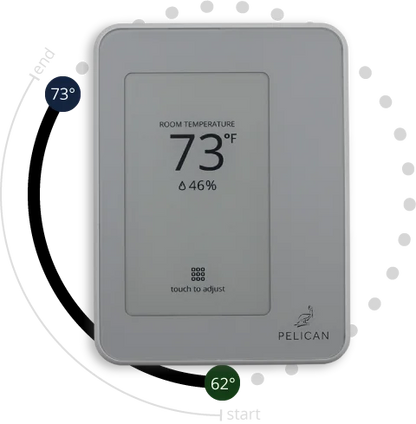 The Pelican Touch Thermostat (TC Series) by Pelican displays 73°F and 46% humidity, offers temperature adjustment from 62°F to 73°F, and provides precise control with real-time HVAC operational data.