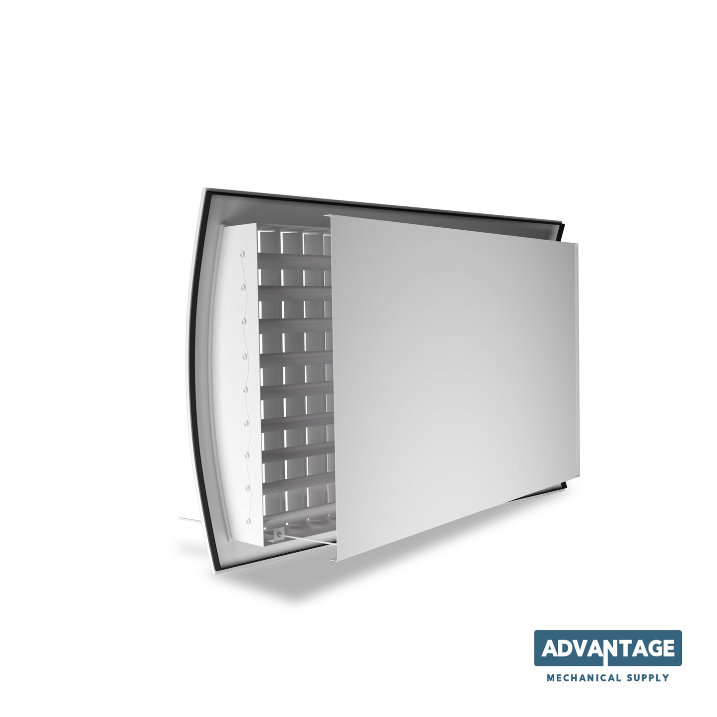 Steel Spiral Supply Curved Grille (IERA) by Advantage Mechanical Supply shown partially open on a white background, perfect for use with double deflection grilles. Brand logo displayed in the bottom right corner.