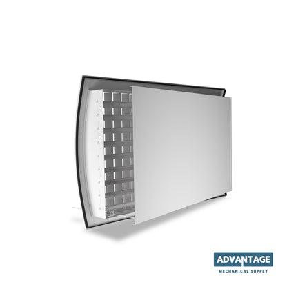 Steel Spiral Supply Curved Grille (IERA) by Advantage Mechanical Supply shown partially open on a white background, perfect for use with double deflection grilles. Brand logo displayed in the bottom right corner.