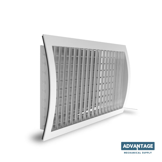 Advantage Mechanical Supply Steel Spiral Supply Curved Grilles, Direct to Duct - IERA, shown at an angle with angled slats and the Advantage Mechanical Supply logo in the bottom right corner.
