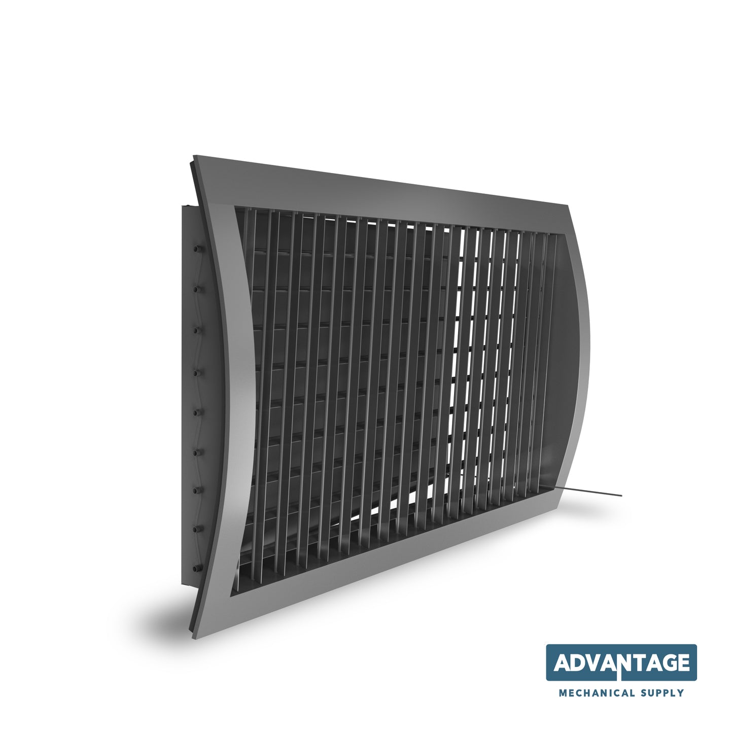 Steel Spiral Supply Curved Grille, Direct to Duct - IERA by Advantage Mechanical Supply, featuring double deflection horizontal and vertical slats shown at an angle. Brand logo displayed in the bottom right corner.