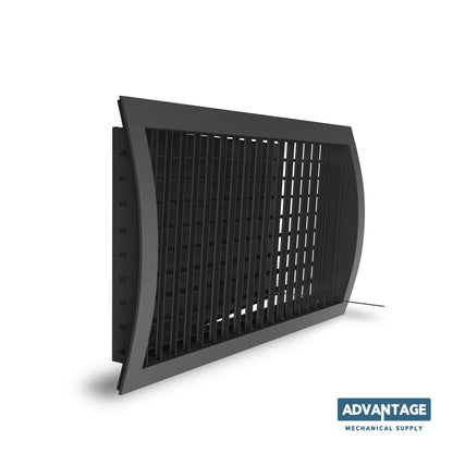 Steel Spiral Supply Curved Grille (IERA) by Advantage Mechanical Supply features horizontal and vertical slats in a rectangular black design, shown at an angle with the brand logo at the lower right.