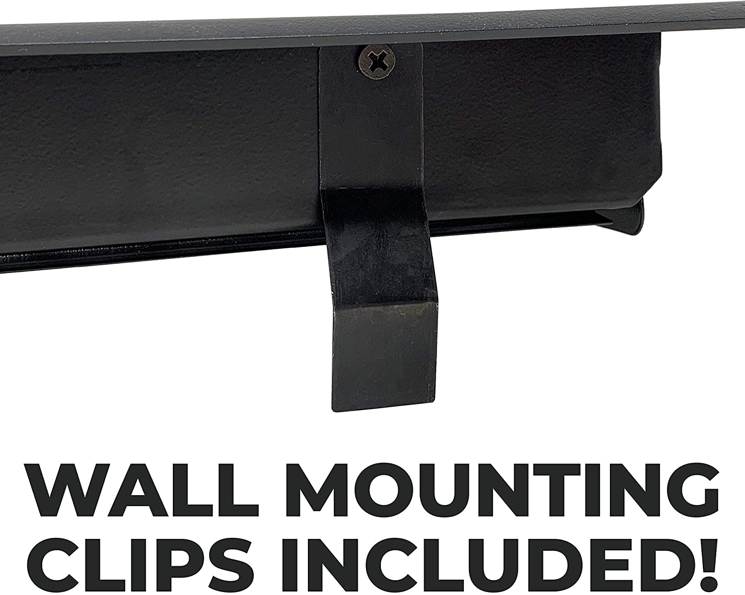A close-up of a Madelyn Carter Cast Aluminum Roman Vent Cover - Black, wall-mounted with a bracket and screw, with the text "WALL MOUNTING CLIPS INCLUDED!" below.