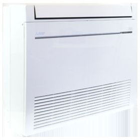 The Mitsubishi MFZ Indoor Floor Mount Air Handler features a front vent and control panel, offering ENERGY STAR certified efficiency.