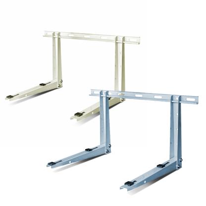 The Rectorseal Wall Mount Condensing Unit Bracket by Rectorseal includes two L-shaped metal brackets (white powder coat finish and silver), each with mounting holes and slots. Supports up to 300lb—ideal for wall-mounting condensing units.