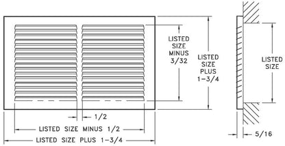 Technical drawing of a Hart & Cooley Steel Return Air Grille, 1/2" fin spacing (model 650, white), with louvered slats, front and side views, labeled dimensions, and measurement guidelines for installation.