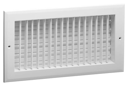 The Hart & Cooley A618MS Aluminum Sidewall Adjustable Blade Register is a rectangular white vent cover with both horizontal and vertical adjustable fins, two screw holes, and mounts flush to the wall.
