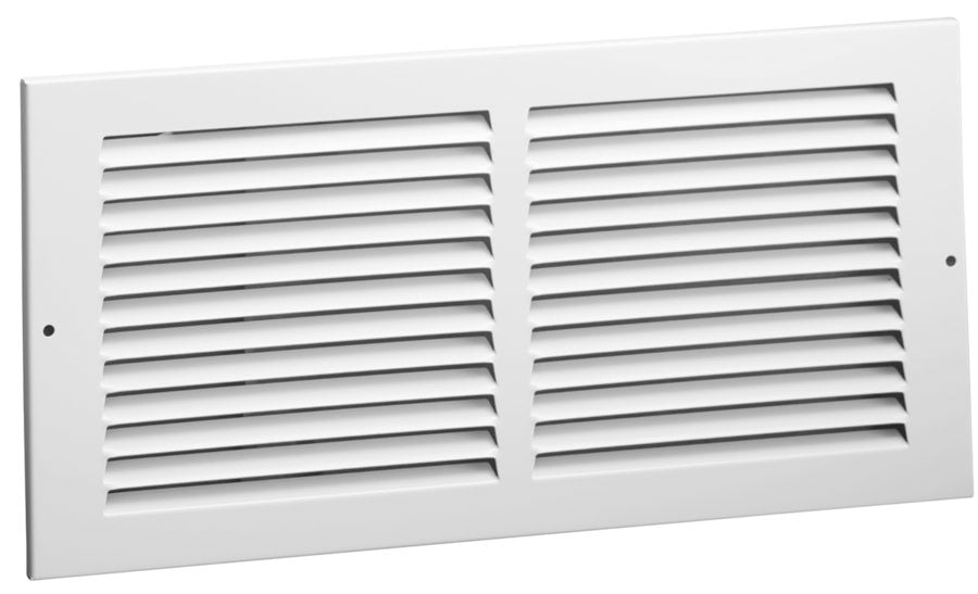 Hart & Cooley Steel Return Air Grille, model 650, features 1/2" fin spacing, horizontal slats, two side screw holes, and a white finish.