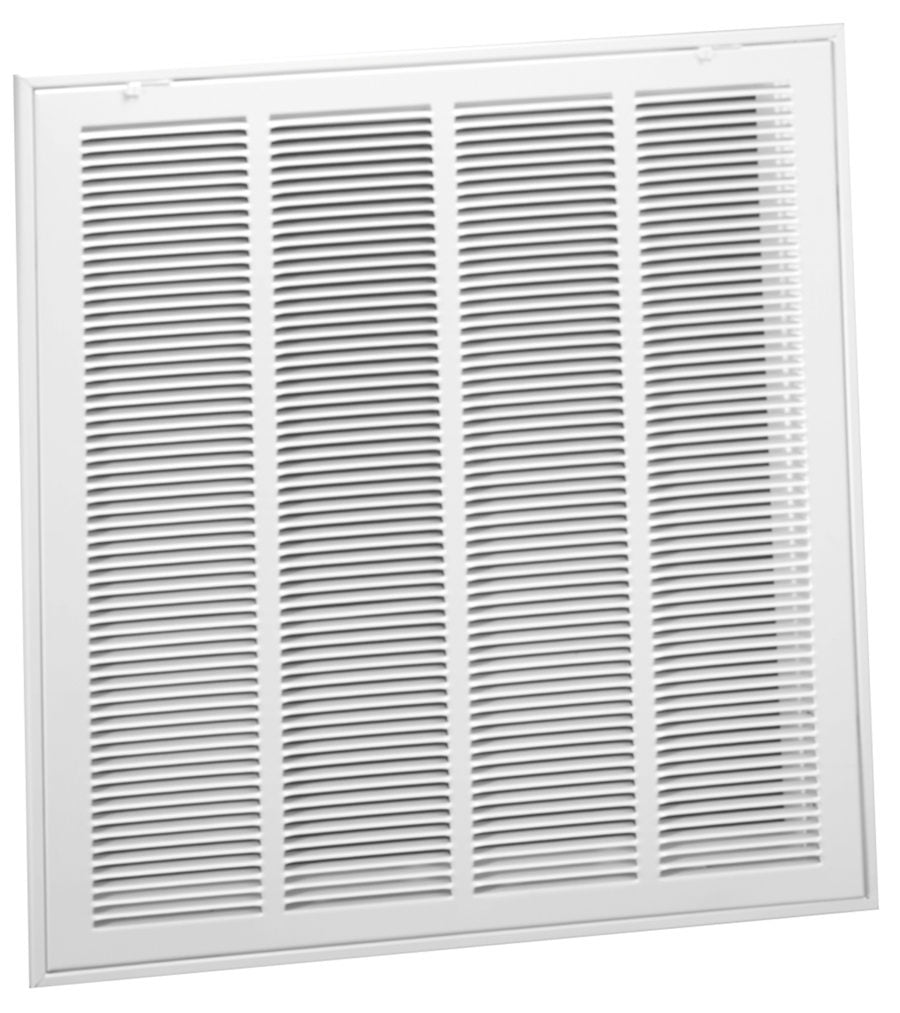 Hart & Cooley Steel Lanced Return Air Filter Grille, featuring 1/3" fin spacing and insulated back, shown front and angled view mounted on wall or ceiling.