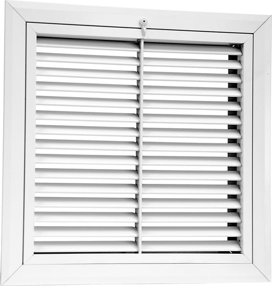 The Hart & Cooley Aluminum Return Air Filter Grille with 45-degree fixed blades features extruded aluminum construction and a beveled-frame design, suitable for wall or ceiling mounting.