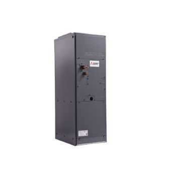 The Mitsubishi PVA Indoor MultiPosition Air Handler features a gray rectangular metal casing, front panel connection points, and delivers high energy efficiency for cost-effective climate control.