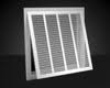 The Hart & Cooley Steel Return Air Filter Grille, 1/2" Fin Spacing - White, featuring multiple horizontal slats, is shown as a white rectangular steel grille against a dark background.