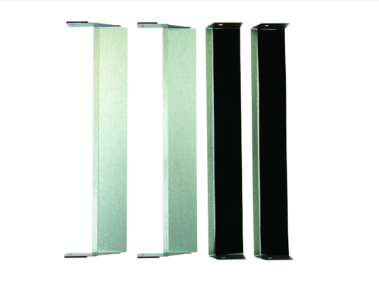Four rectangular brackets from the Mitsubishi Condensate Management Kit by Mitsubishi are displayed side by side on a white background—two with a light metallic finish and two in black.