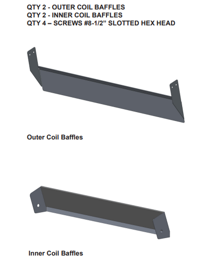 Two labeled 3D illustrations show outer and inner coil baffles, with a parts list for the Mitsubishi Condensate Management Kit's outer coil baffles, inner coil baffles, and slotted hex head screws.