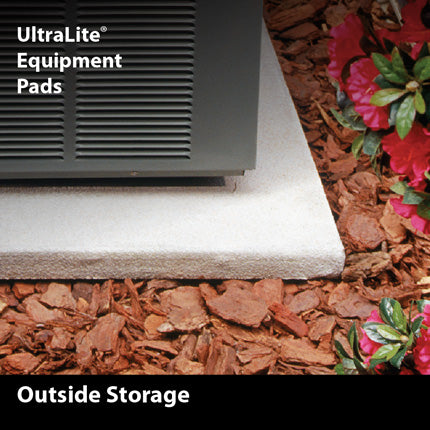 A corner of a Diversitech Condensing Unit Pad (3 in. thick, lightweight concrete) sits beneath outdoor equipment, surrounded by mulch and flowers; text reads "UltraLite Equipment Pads" and "Outside Storage.