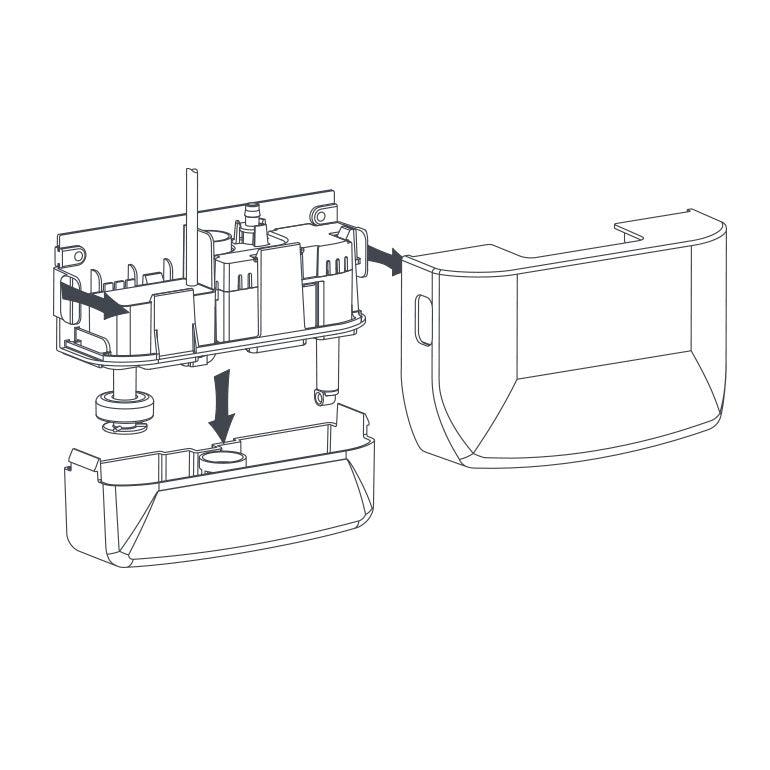 Exploded diagram showing assembly of the Aspen Mini White 100-250v Condensate Pump, with arrows indicating how internal parts fit between the front and back outer casings.