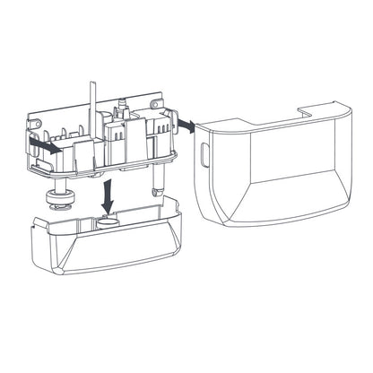 Exploded diagram showing assembly of the Aspen Mini White 100-250v Condensate Pump, with arrows indicating how internal parts fit between the front and back outer casings.