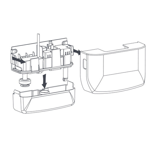 Exploded diagram showing assembly of the Aspen Mini White 100-250v Condensate Pump, with arrows indicating how internal parts fit between the front and back outer casings.