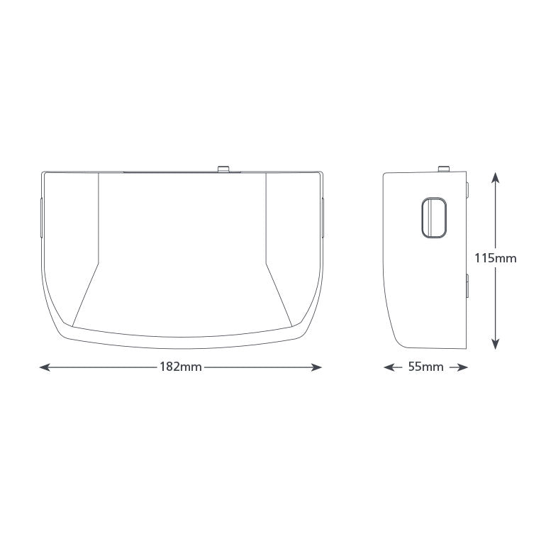 Technical drawing of the Aspen Mini White 100-250v Condensate Pump (Aspen)—ideal for high wall indoor units—shows dimensions: 182mm wide, 115mm high, and 55mm deep from front and side views with measurement arrows.