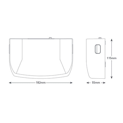 Technical drawing of the Aspen Mini White 100-250v Condensate Pump (Aspen)—ideal for high wall indoor units—shows dimensions: 182mm wide, 115mm high, and 55mm deep from front and side views with measurement arrows.