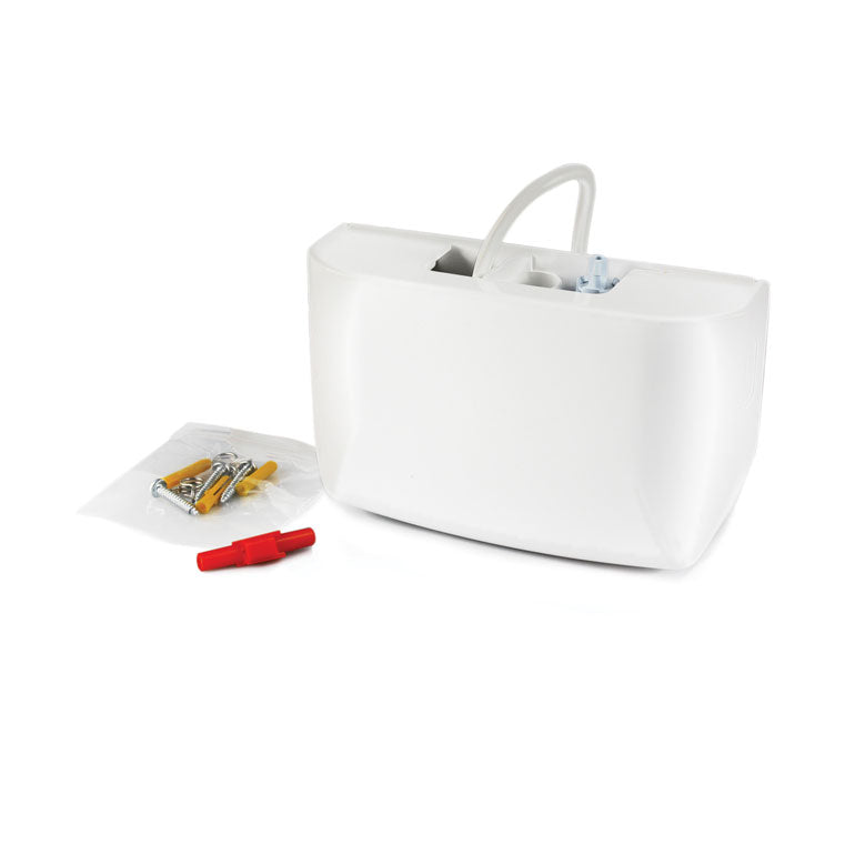 The Aspen Mini White 100-250v Condensate Pump by Aspen comes in a white plastic wall-mounted container with hose, plus a bag containing screws, wall plugs, and an ultra quick fit Mini White red plastic tool.