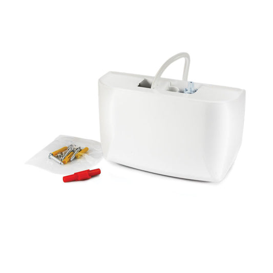 The Aspen Mini White 100-250v Condensate Pump by Aspen comes in a white plastic wall-mounted container with hose, plus a bag containing screws, wall plugs, and an ultra quick fit Mini White red plastic tool.