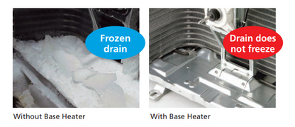 Two images show a frozen drain without a base heater and a clear, unfrozen drain using the Mitsubishi Outdoor Single Zone Hyperheat Condenser MUZ-FS, demonstrating improved heating performance.