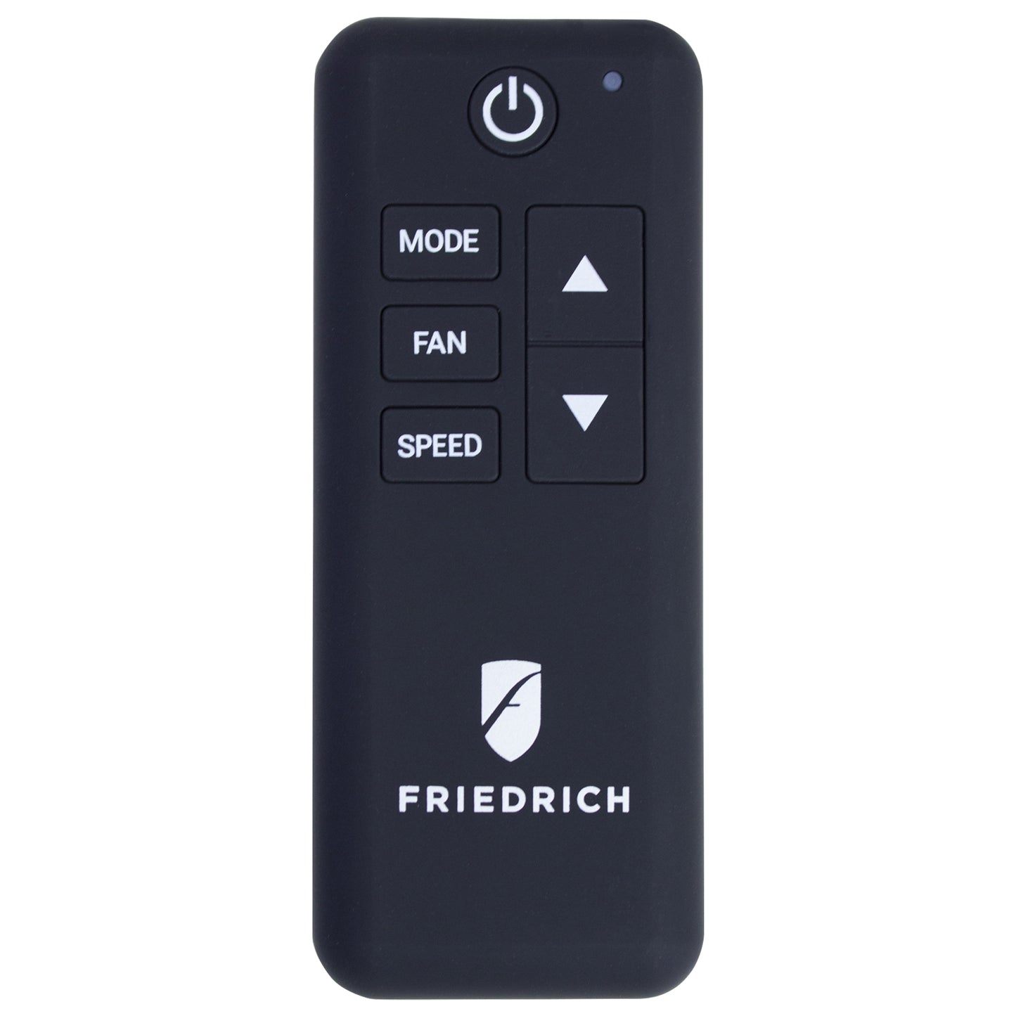 Black Friedrich remote with six buttons—power, mode, fan, speed, and two arrows—for the Friedrich Kühl® Window Smart Wi-Fi Room Air Conditioner featuring QuietMaster; logo and brand name appear at the bottom.