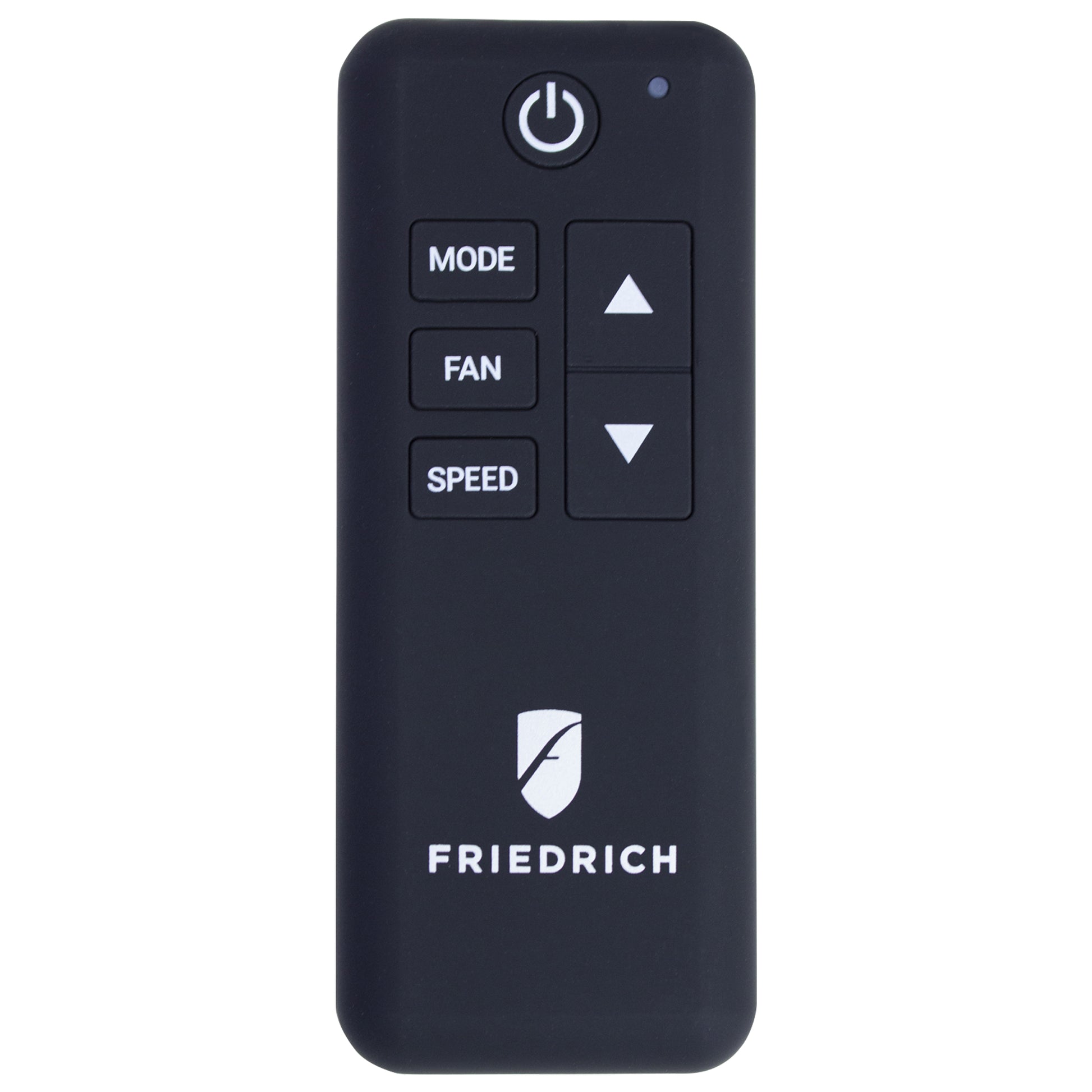 Black Friedrich remote with six buttons—power, mode, fan, speed, and two arrows—for the Friedrich Kühl® Window Smart Wi-Fi Room Air Conditioner featuring QuietMaster; logo and brand name appear at the bottom.