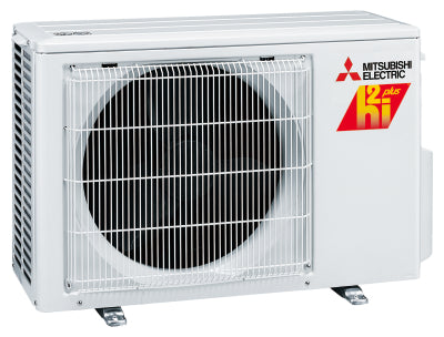 The Mitsubishi Outdoor Single Zone Hyperheat Condenser (MUZ-FS) features a white exterior, protective grille, large fan, and an "H2i plus" label, highlighting its advanced hyper-heating heat pump technology for superior heating.