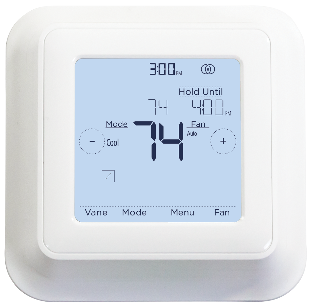 The Mitsubishi Touch Screen Backlit Wifi Remote Controller (MHK2) displays 74°F, is set to cool mode with fan on auto, and a hold until 4:00 PM. Current time shown is 3:00 PM.