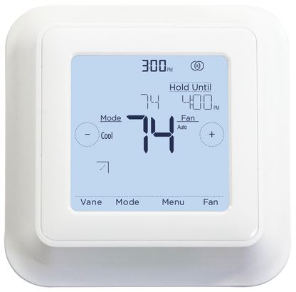 The Mitsubishi Touch Screen Backlit Wifi Remote Controller (MHK2) displays 74°F, is set to cool mode with fan on auto, and a hold until 4:00 PM. Current time shown is 3:00 PM.