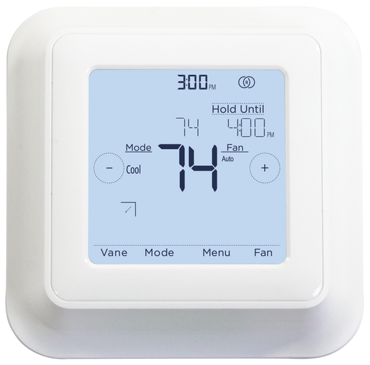 The Mitsubishi Touch Screen Backlit Wifi Remote Controller (MHK2) displays 74°F, is set to cool mode with fan on auto, and a hold until 4:00 PM. Current time shown is 3:00 PM.