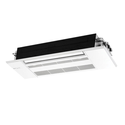 The Mitsubishi MLZ Indoor One Way Ceiling Cassette Air Handler features a white front panel and black housing, designed for recessed installation in low-ceiling spaces needing efficient air conditioning.