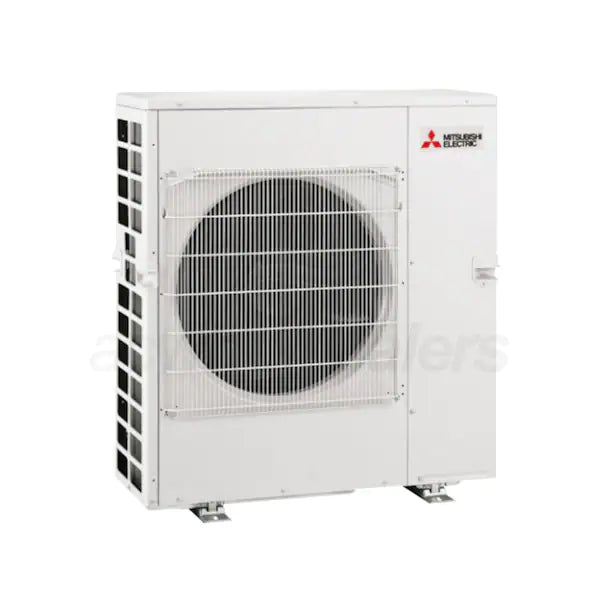 The Mitsubishi MXZ Outdoor Multi-Zone Condenser features a white design with a central fan and protective grille on sturdy metal feet, providing ENERGY STAR efficiency and advanced room comfort control.