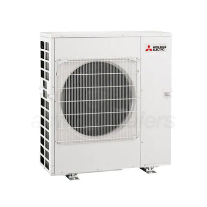 The Mitsubishi MXZ Outdoor Multi-Zone Condenser features a white design with a central fan and protective grille on sturdy metal feet, providing ENERGY STAR efficiency and advanced room comfort control.