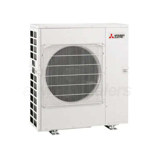 The Mitsubishi MXZ Outdoor Multi-Zone Condenser features a white design with a central fan and protective grille on sturdy metal feet, providing ENERGY STAR efficiency and advanced room comfort control.