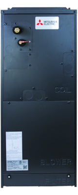 Front view of a black Mitsubishi - Indoor MultiPosition Air Handler | No Heat - SVZ by Mitsubishi, showing labeled coil, blower, and filter sections and highlighting its compact, multi-position design.